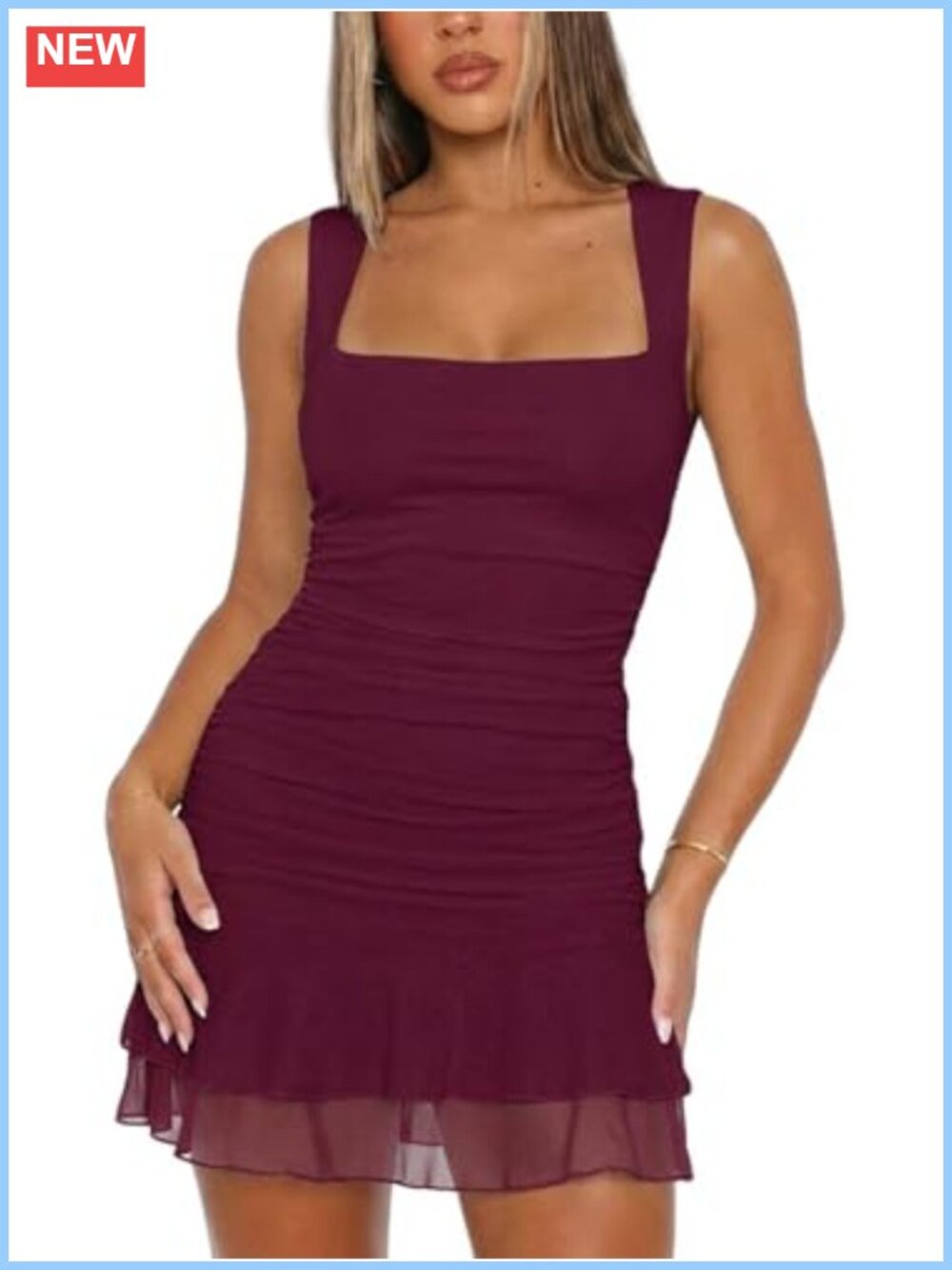 Womens Sexy Square Neck Ruched Mesh Bodycon Mini Cocktail Party Dress